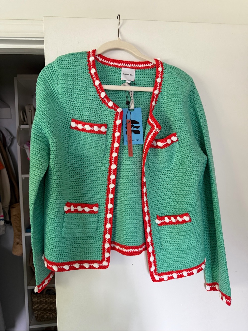 HUNTER BELL Mint Green Crochet Cardigan with Red & White Trim